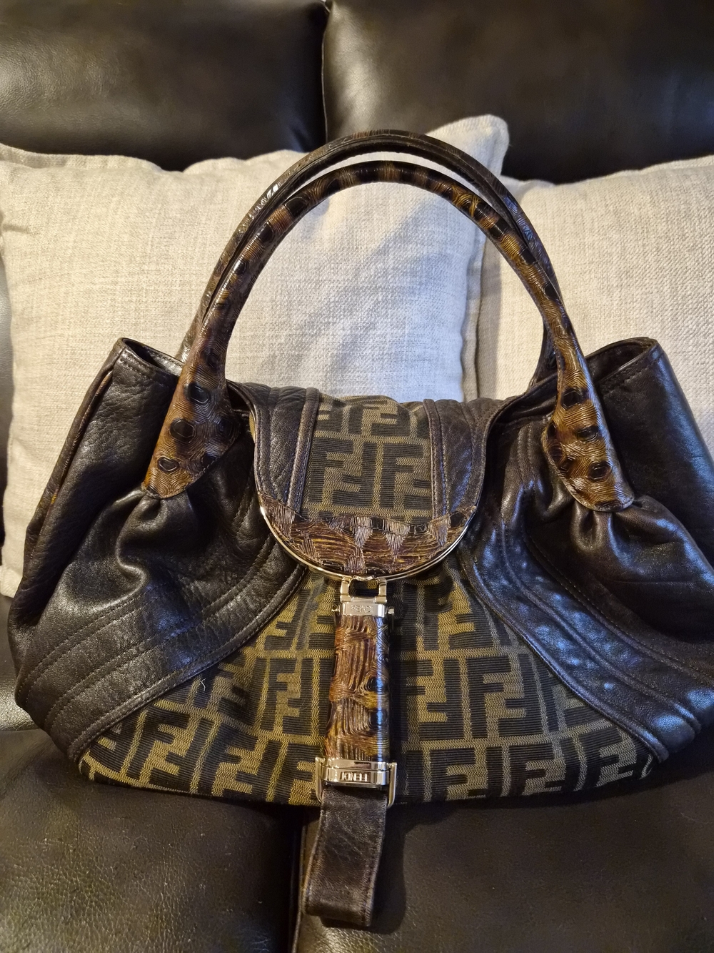 Fendi Tobacco Zucca Print Canvas and Tortuga Spy Bag